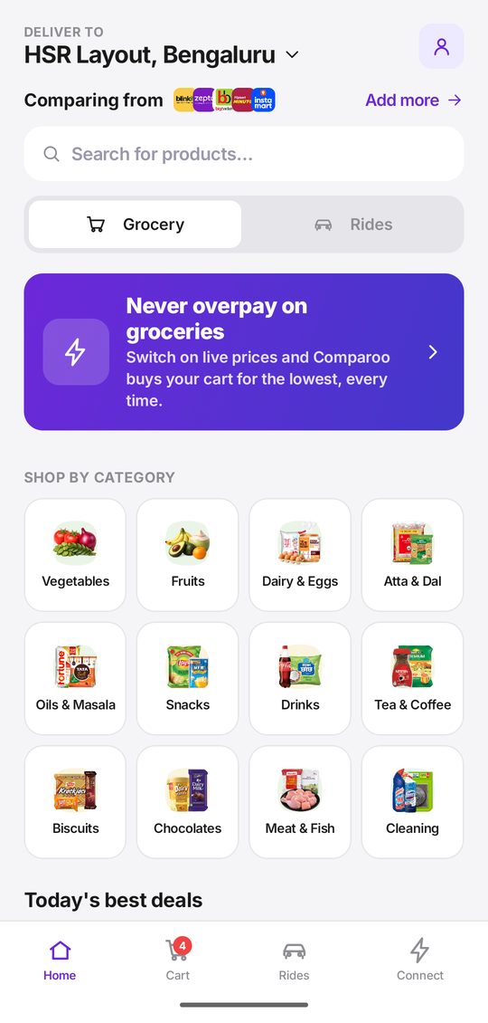 Comparoo home screen with grocery categories
