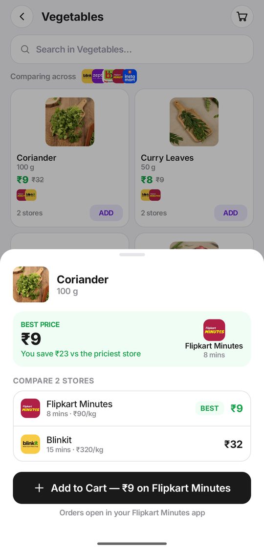 Product sheet showing the cheapest store for one item